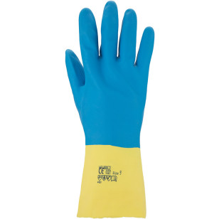 Chemikalienschutz-Handschuhe, Latex, Kat III, blau/gelb, 10 Paar