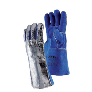 JUTEC Hitzeschutz-Handschuhe aus Spaltleder, aluminisiert, 5 Finger, 35 cm, blau, bis 1.000°C Strahlungshitze