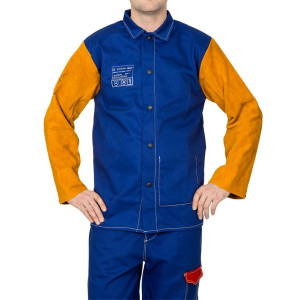 WELDAS® Yellowjacket® Schweißerjacke, flammenresistente Baumwolle, Ärmel aus Rindspaltleder, blau/goldbraun, Größe S - 1