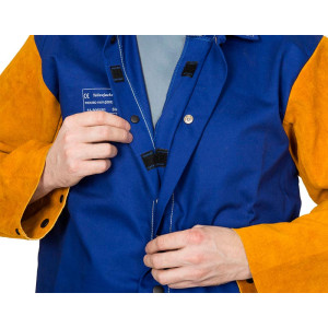 WELDAS® Yellowjacket® Schweißerjacke, flammenresistente Baumwolle, Ärmel aus Rindspaltleder, blau/goldbraun, Größe S - 3